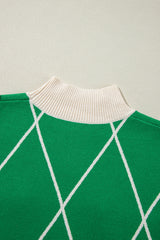 Dark Green Diamond Pattern Pom Accents Contrast Trim High Neck Sweater Sweaters JT's Designer Fashion