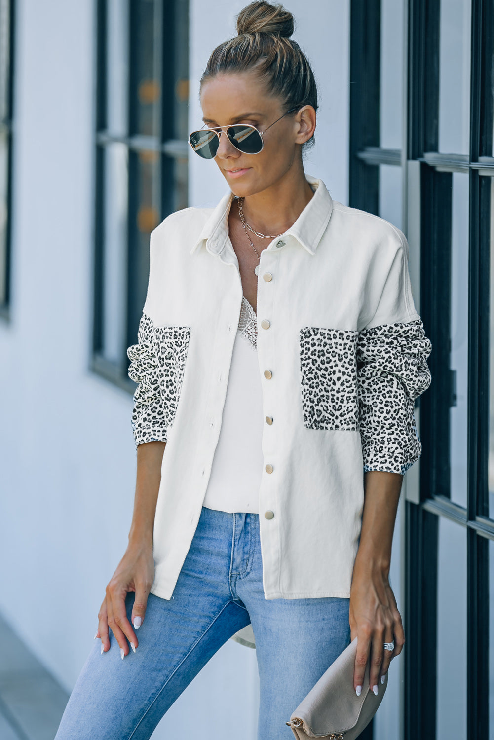 White Contrast Leopard Denim Jacket Denim Jackets JT's Designer Fashion