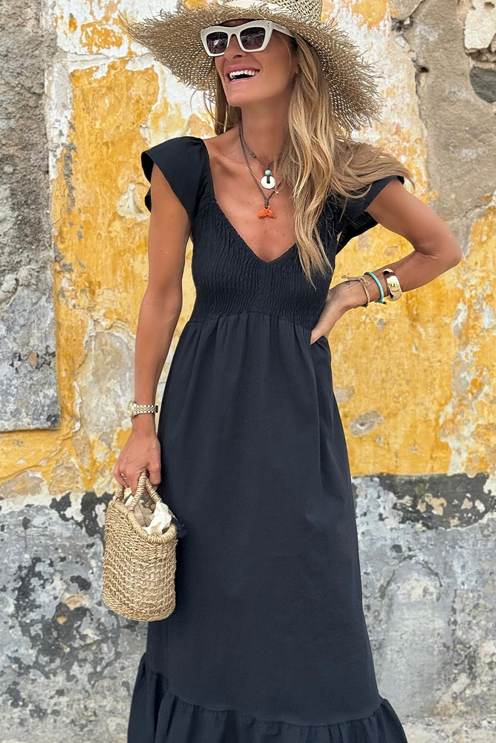Black V Neck Flutter Sleeve Smocked Bodice High Waist Ruffle Long Dress Maxi Dresses JT's Designer Fashion