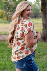 Khaki Plus Size Western Pattern Print Buttoned Short Sleeve Shirt Plus Size Blouses & Shirts JT's Designer Fashion