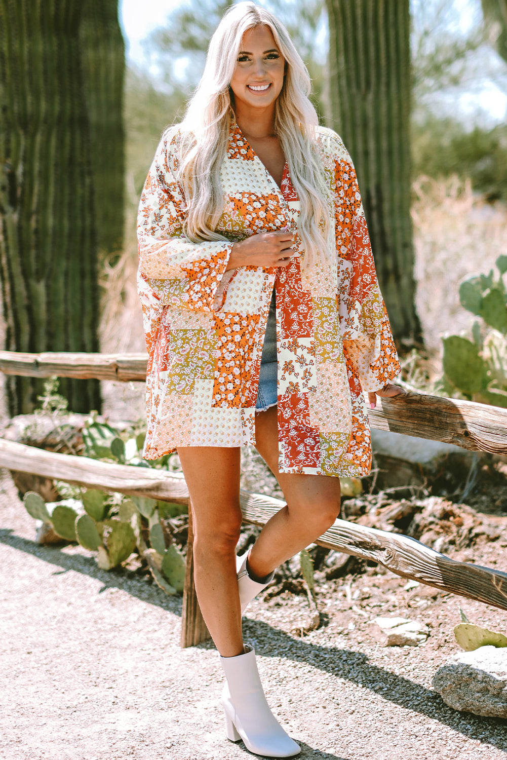White Boho Patchwork Floral Open Front Kimono Kimonos JT's Designer Fashion