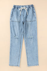 Sky Blue Gather Round Distressed Pocketed Denim Jogger Jeans JT's Designer Fashion