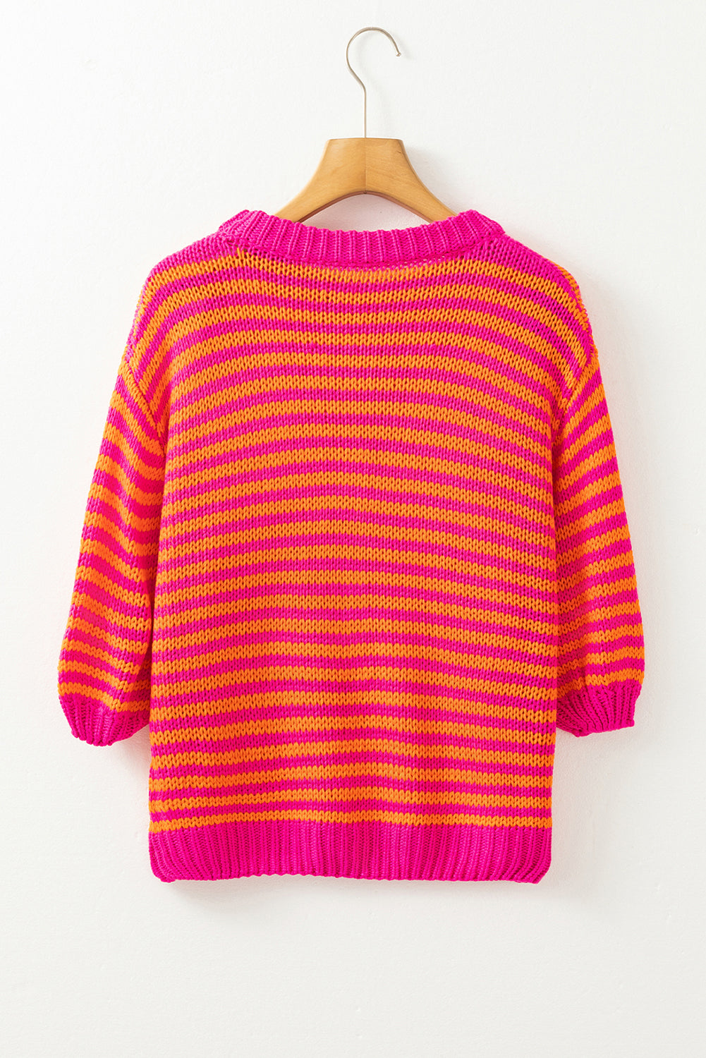 Rose Stripe 3/4 Puff Sleeve Drop Shoulder Sweater Sweaters JT's Designer Fashion