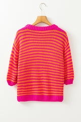 Rose Stripe 3/4 Puff Sleeve Drop Shoulder Sweater Sweaters JT's Designer Fashion
