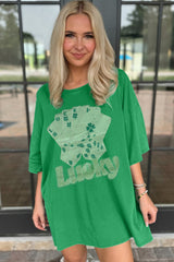 Bright Green Rhinestone Lucky Poker Cards Oversized T Shirt Mini Dress T Shirt Dresses JT's Designer Fashion