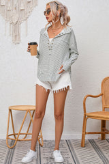 White Striped Thumbhole Drop Shoulder V Neck Top Long Sleeve Tops JT's Designer Fashion