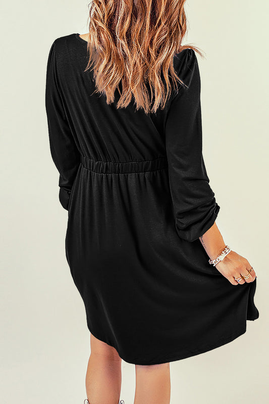 Black Button Up High Waist Long Sleeve Dress Midi Dresses JT's Designer Fashion
