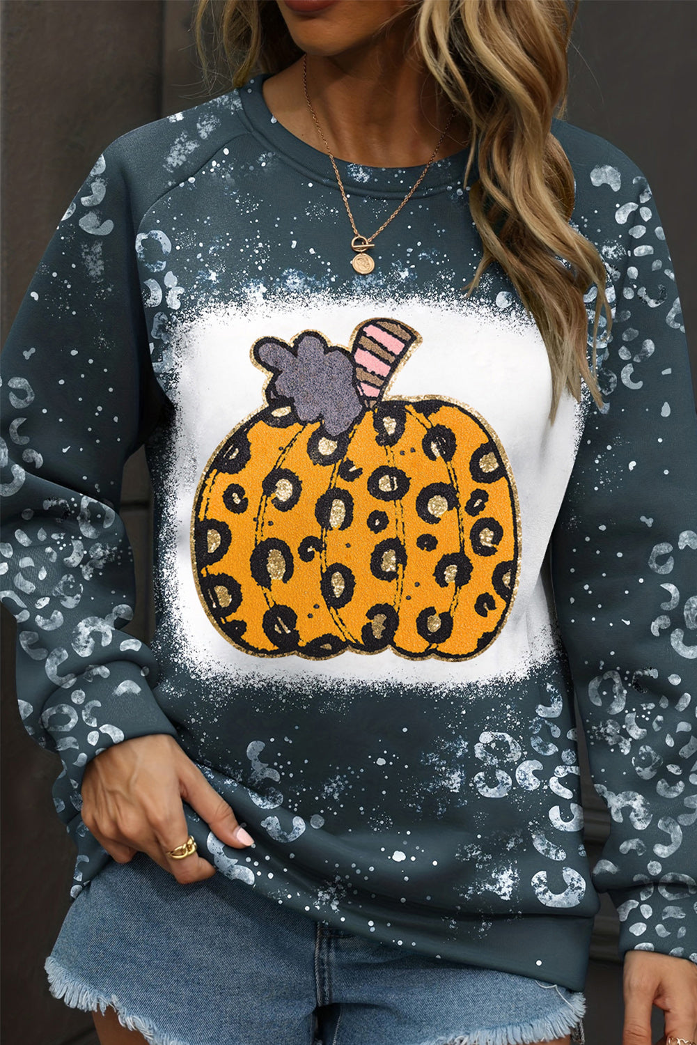 Blue Leopard Pumpkin Ink Plash Printed Halloween Sweatshirt Graphic Sweatshirts JT's Designer Fashion