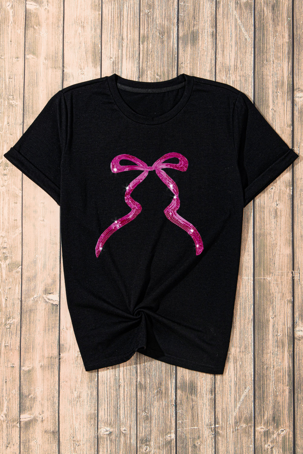 Black Sequin Bow Ribbon Graphic T Shirt Graphic Tees JT's Designer Fashion