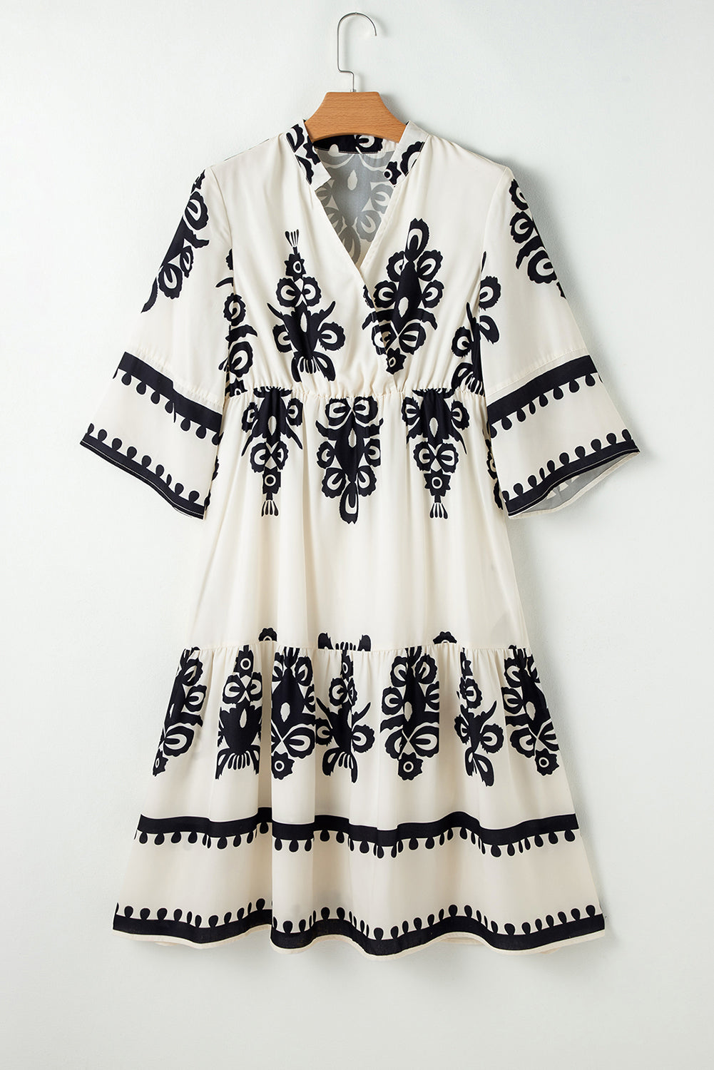 Beige Western Geometric Print 3/4 Sleeve Loose Midi Dress Midi Dresses JT's Designer Fashion