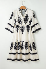 Beige Western Geometric Print 3/4 Sleeve Loose Midi Dress Midi Dresses JT's Designer Fashion