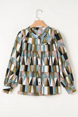 Green Geometric Print Buttoned Balloon Sleeve Loose Fit Shirt Blouses & Shirts JT's Designer Fashion
