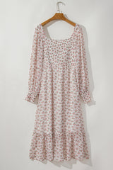 White Floral Print Shirred Ruffled Hem Square Neck Midi Dress Floral Dresses JT's Designer Fashion