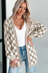 Brown Checkered Open Front Drop Shoulder Cardigan Cardigans JT's Designer Fashion