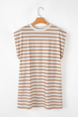 Khaki Stripe Round Neck Sleeveless Casual Pocketed Mini Dress Mini Dresses JT's Designer Fashion