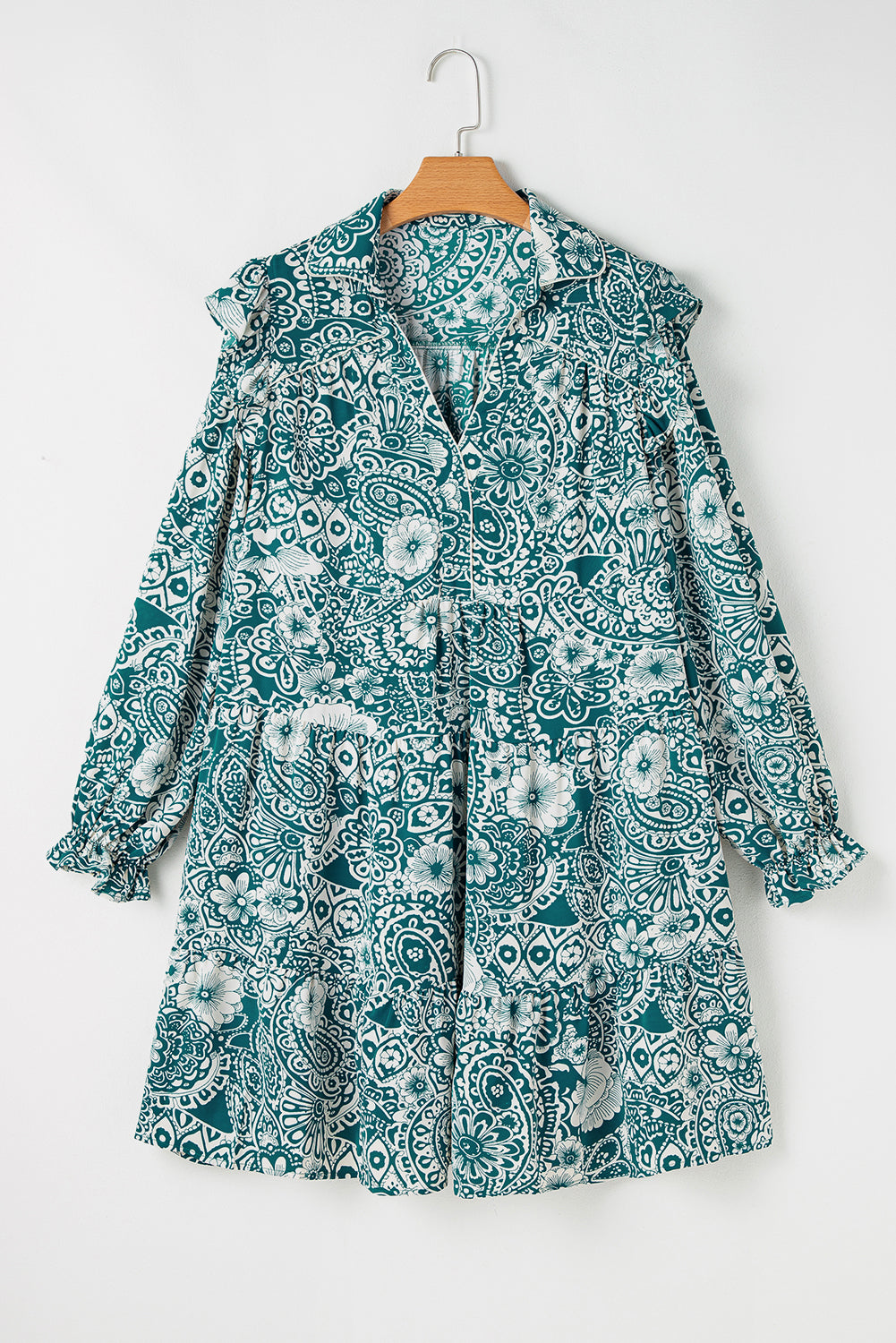 Green Floral Flounce Sleeve Split Neck Plus Size Dress Plus Size Mini Dresses JT's Designer Fashion