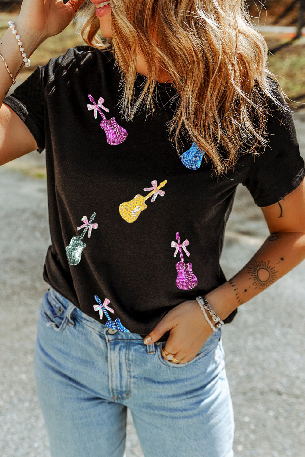 Black Sequined Bow Guitar Country Music Festival Casual Tee Graphic Tees JT's Designer Fashion
