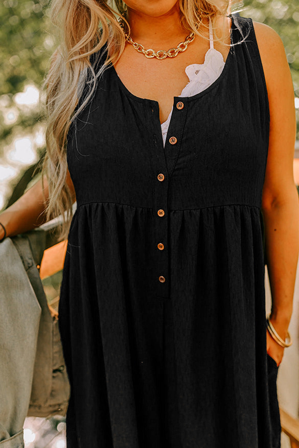 Black Plus Size Sleeveless Button Front Loose Jumpsuit Plus Size Bottoms JT's Designer Fashion