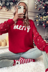 Racing Red Merry Graphic Sequin Sleeve Turtleneck Sweater Sweaters JT's Designer Fashion
