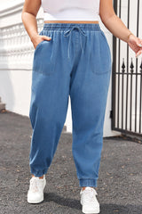 Dusk Blue Drawstring Waist Pocketed Plus Size Denim Joggers Dusk Blue 100%Cotton Plus Size Bottoms JT's Designer Fashion