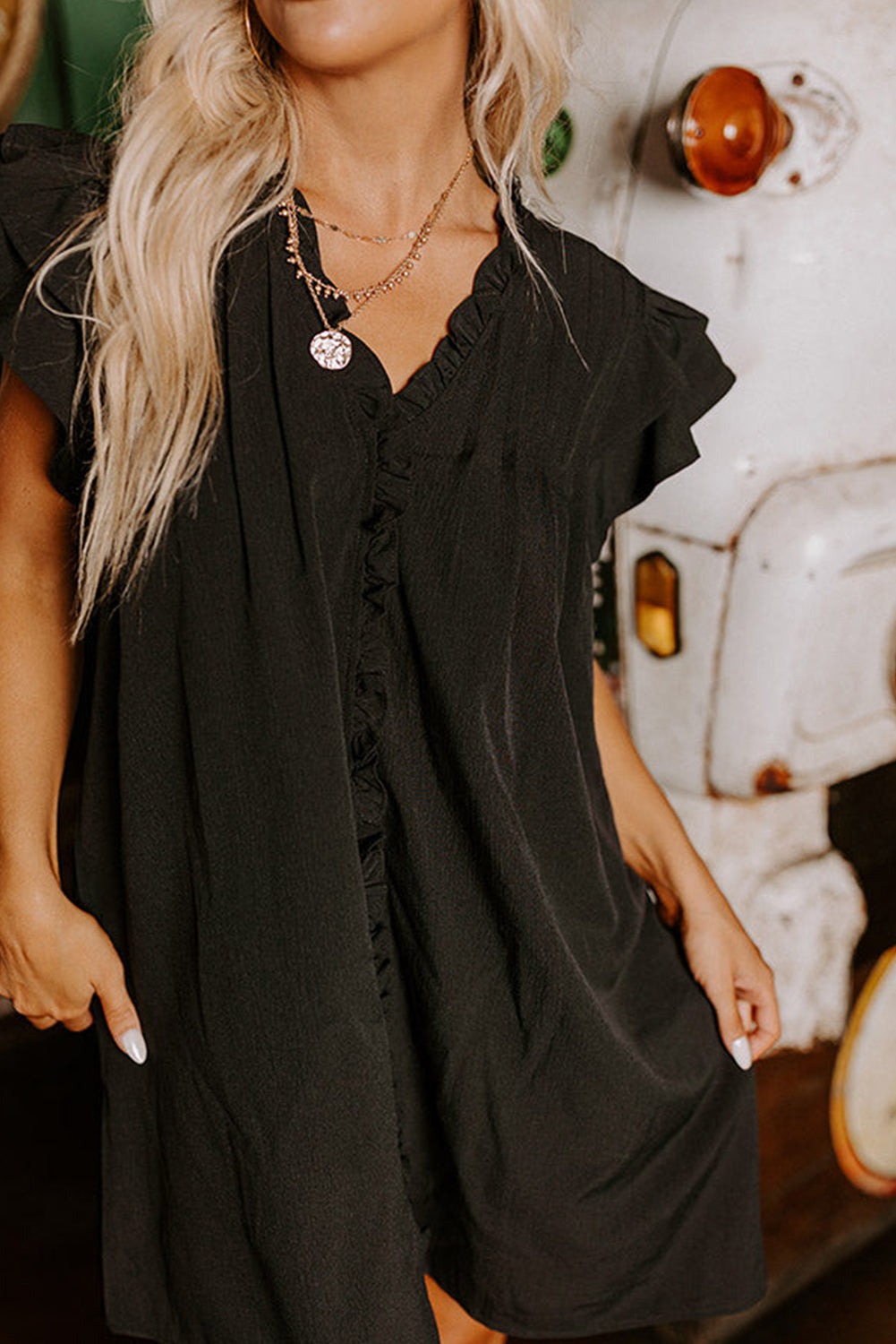 Black Frilled V Neck Pleated Ruffle Detail Short Shift Dress Mini Dresses JT's Designer Fashion