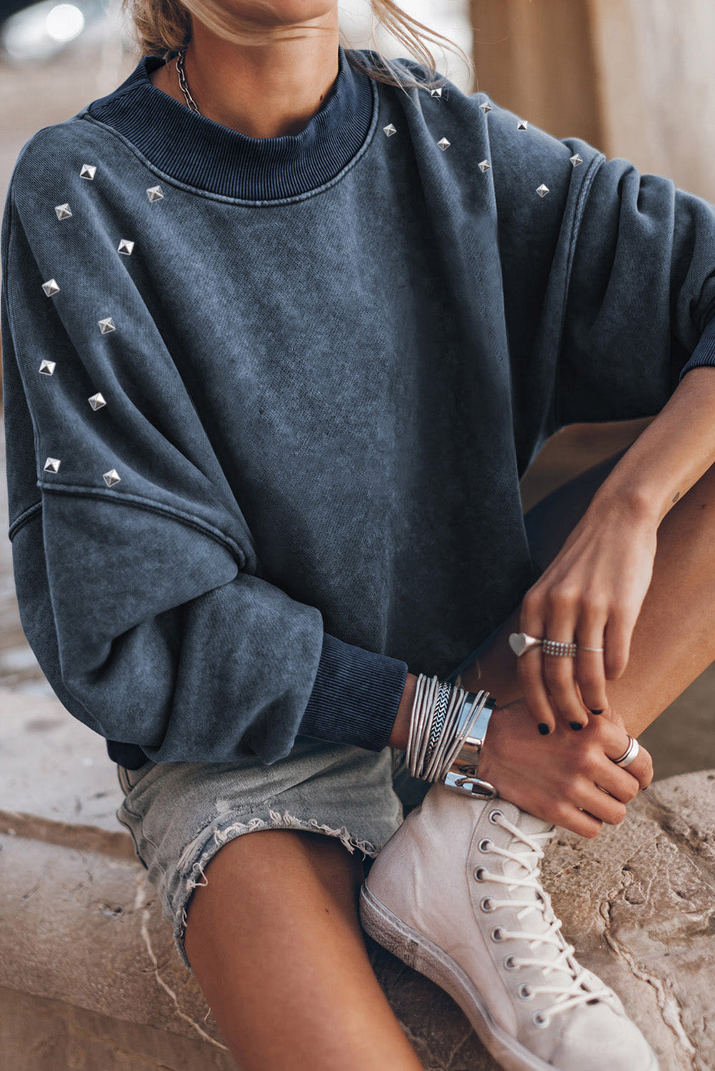 Sky Blue Beads Stud Drop Shoulder Loose Sweatshirt Graphic Sweatshirts JT's Designer Fashion