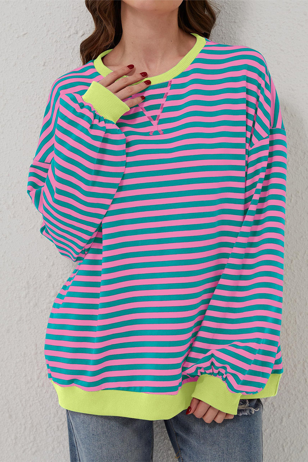 Green Stripe Oversized Contrast Trim Pullover Sweatshirt Sweatshirts & Hoodies JT's Designer Fashion