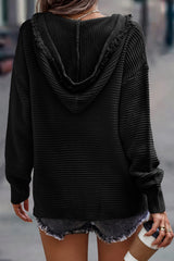 Black V Neck Ribbed Drop Shoulder Hooded Sweater Sweaters & Cardigans JT's Designer Fashion