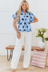 Sky Blue Polka Dot Print Ruffled Short Sleeve Buttoned Collared Blouse Blouses & Shirts JT's Designer Fashion