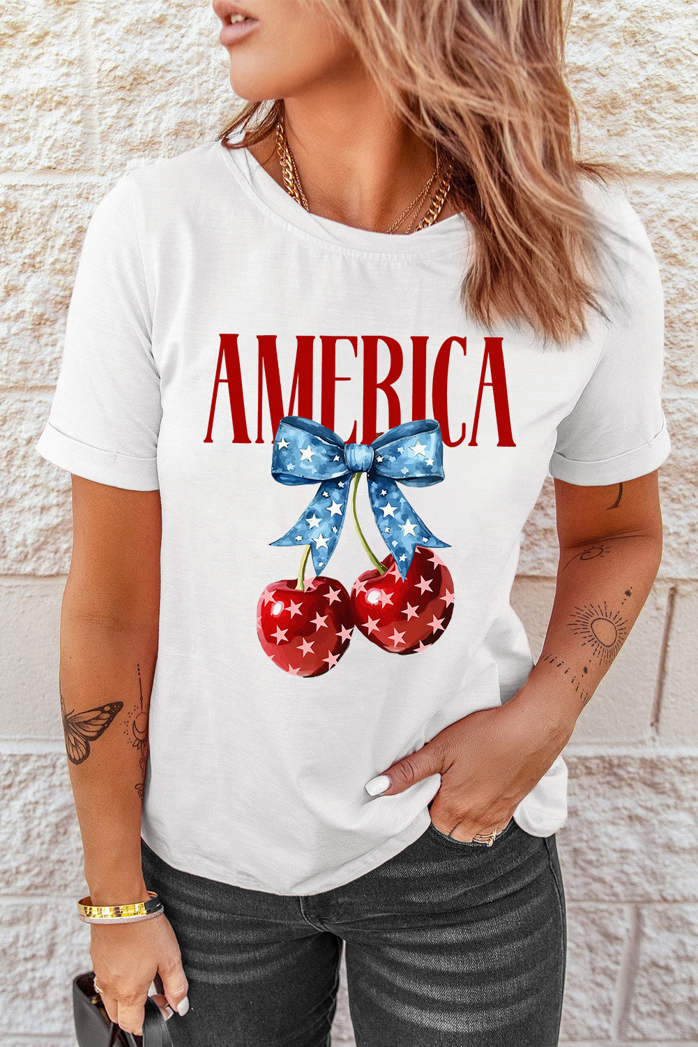 White AMERICA Bow Cherry Print Crewneck T Shirt Graphic Tees JT's Designer Fashion