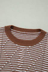 Brown Stripe Geometric Textured Drop Shoulder Sweater Sweaters JT's Designer Fashion