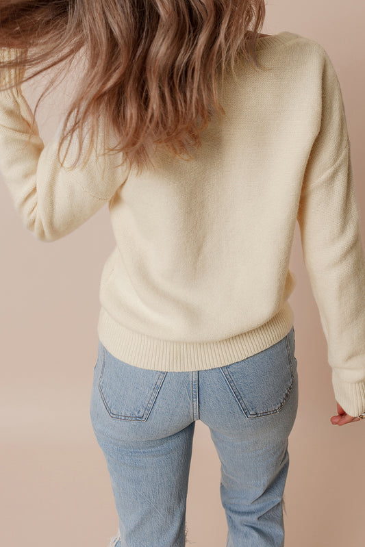 Beige Knitted Flower Pattern Ribbed Edge Sweater Sweaters JT's Designer Fashion