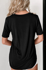 Black Sequined Flower Pocketed V Neck T Shirt Graphic Tees JT's Designer Fashion