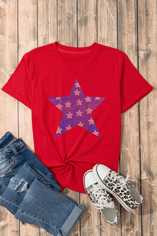 Red Rhinestone Star Pattern Independent Day T Shirt Graphic Tees JT's Designer Fashion