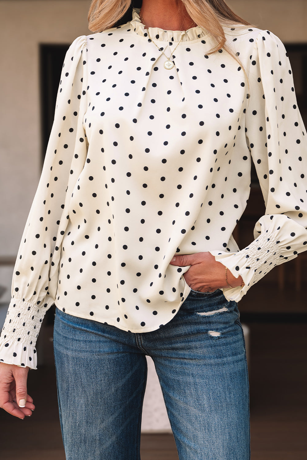 Apricot Polka Dot Print Frilled Collar Lantern Sleeve Blouse Blouses & Shirts JT's Designer Fashion
