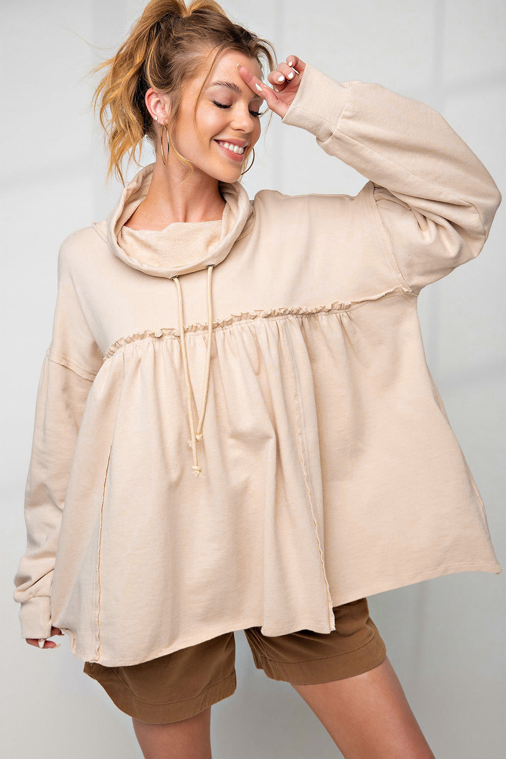 Beige Frill Exposed Seam Cowl Neck Oversized Sweatshirt Sweatshirts & Hoodies JT's Designer Fashion