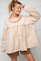 Beige Frill Exposed Seam Cowl Neck Oversized Sweatshirt Sweatshirts & Hoodies JT's Designer Fashion