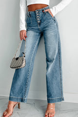 Dusk Blue Multi Button Waist Medium Wash Straight Leg Jeans Bottoms JT's Designer Fashion