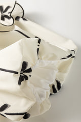 Beige Bow Printed Ruffled Bubble Sleeve Tied Notched V Neck Blouse Blouses & Shirts JT's Designer Fashion