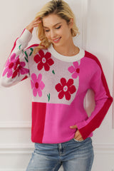 Rose Red Floral Mixed Color Block Sweater Sweaters & Cardigans JT's Designer Fashion