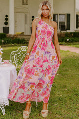 Pink Abstract Floral Print Shirred One Shoulder Maxi Dress Floral Dresses JT's Designer Fashion