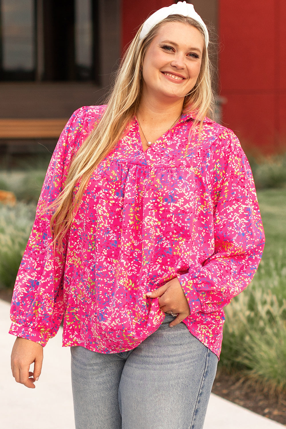Purple Plus Size Floral Print Puff Sleeve V Neck Blouse Purple 100%Polyester Plus Size Blouses & Shirts JT's Designer Fashion
