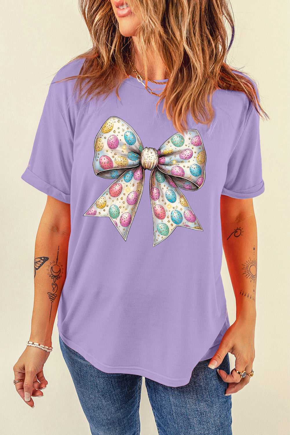 Wisteria Celebrative Easter Eggs Bow Print Casual T Shirt Graphic Tees JT's Designer Fashion