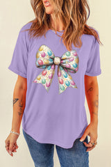 Wisteria Celebrative Easter Eggs Bow Print Casual T Shirt Graphic Tees JT's Designer Fashion