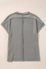 Medium Grey Twist Ribbed Sequined Bow Rugby Game Day Pattern Knit T Shirt Graphic Tees JT's Designer Fashion
