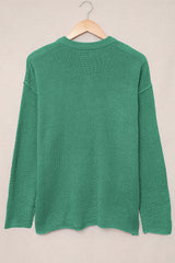 Green Henley Pullover Drop Shoulder Sweater with Slits Sweaters JT's Designer Fashion