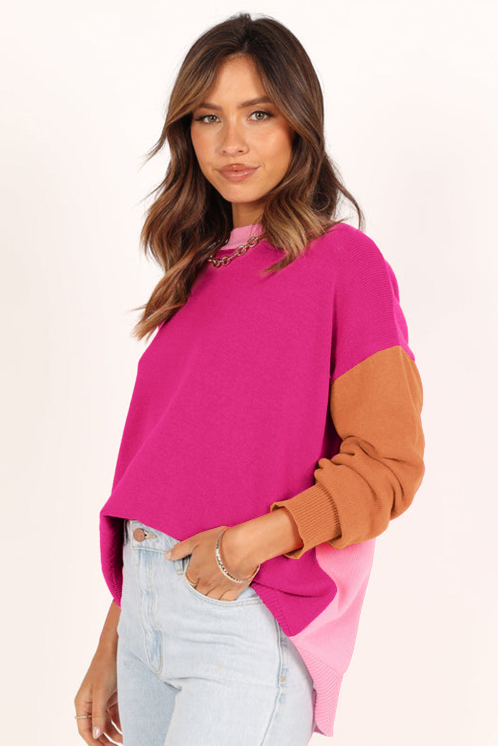 Bonbon Three Tone Contrast Round Neck Loose Sweater Sweaters JT's Designer Fashion