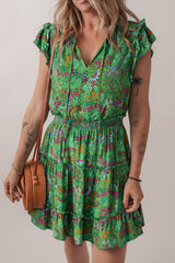 Green Floral Tie Split Neck Frilly Ruffle Trim Tiered Short Dress Green 100%Viscose Floral Dresses JT's Designer Fashion