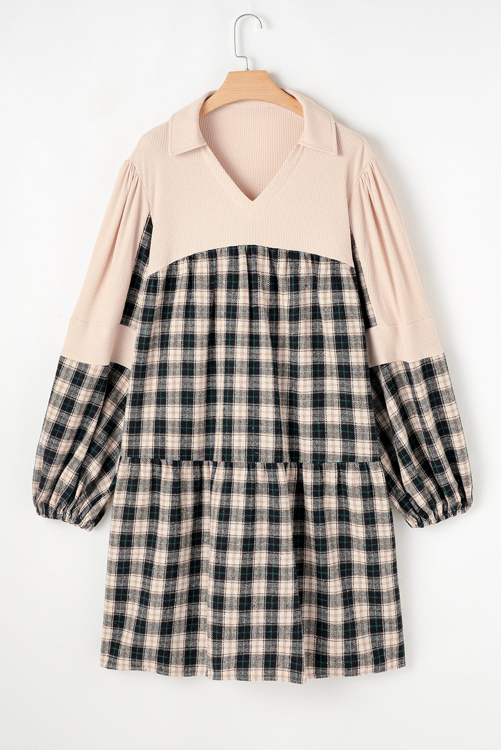Black Plaid Waffle Knit Patchwork Collared V Neck Plus Size Mini Dress Plus Size Mini Dresses JT's Designer Fashion