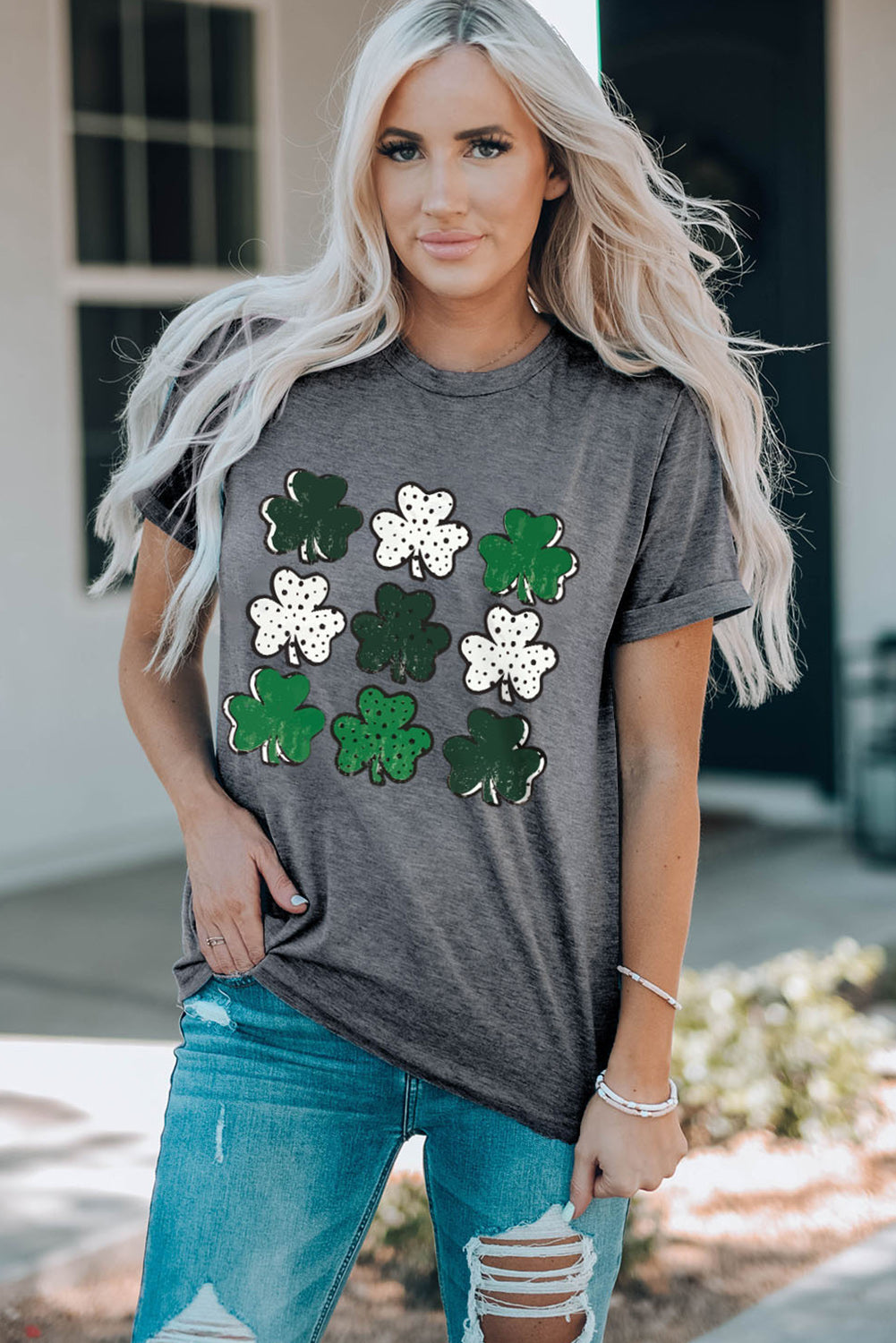 Gray Dotted Clovers Print Round Neck T Shirt Graphic Tees JT's Designer Fashion